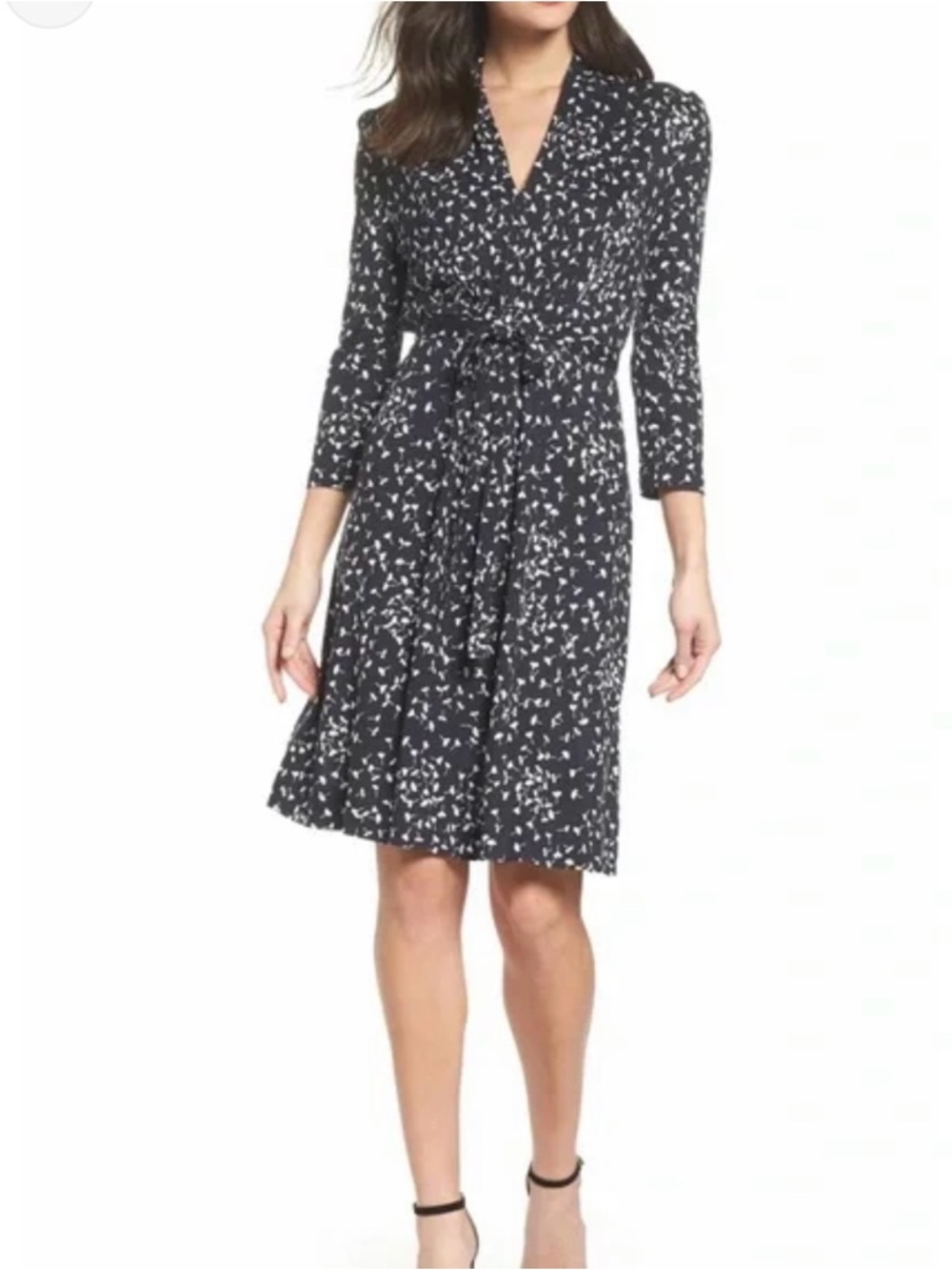 New French Connection Navy Dress w/White Floral Print Tie Waist Size 8 Viscose